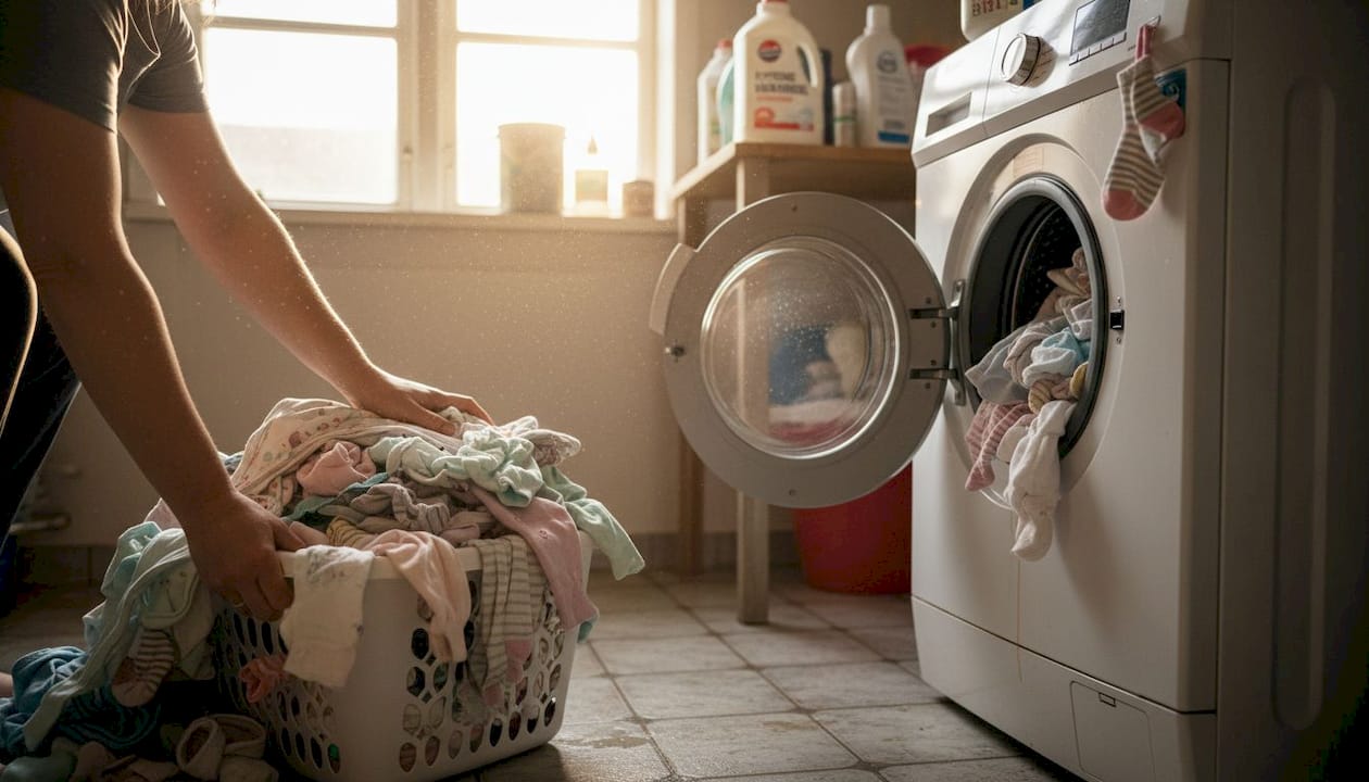 Vaskemaskinen er stappfull av små barneklær