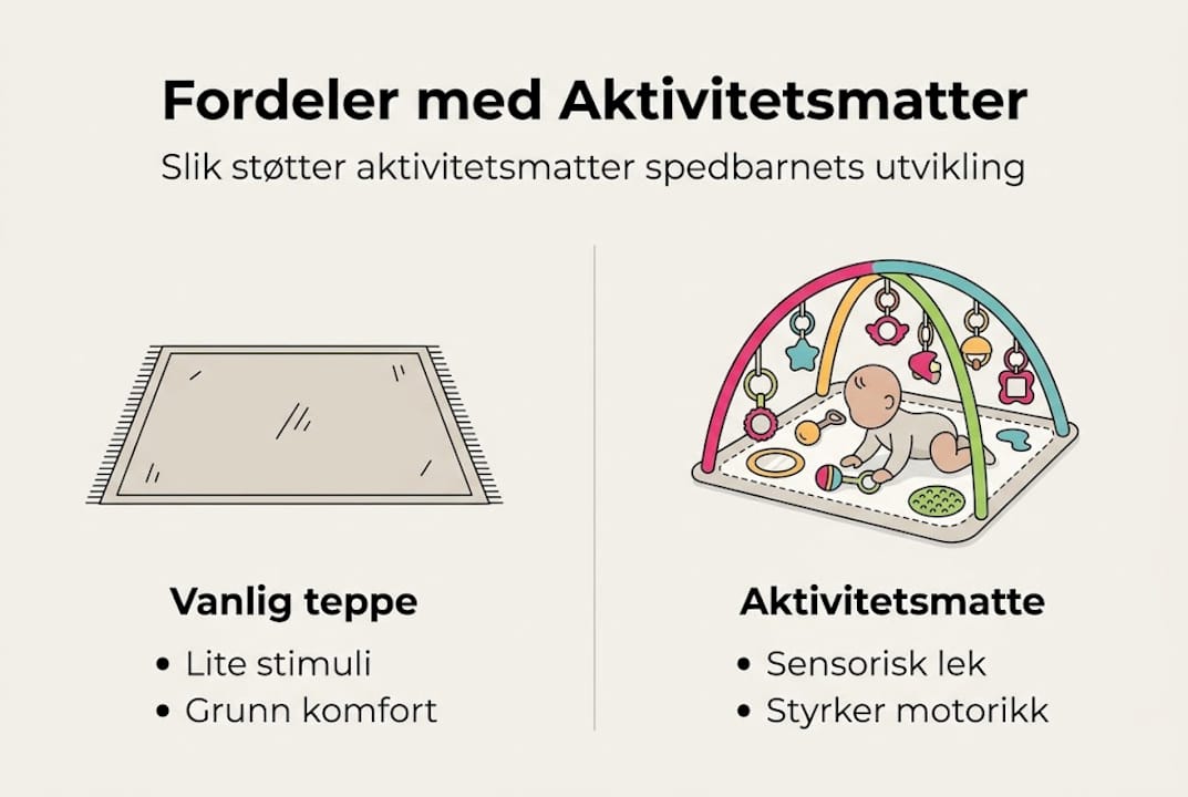 Sammenlignende infografikk: aktivitetsmatte vs. teppe