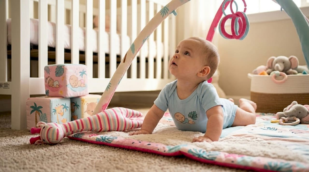 Baby ligger på magen og utforsker lekematten.