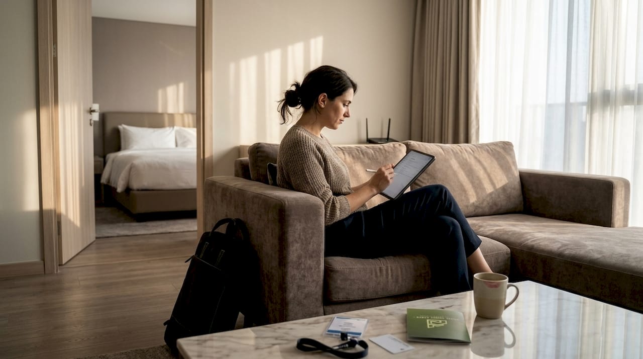 Hotel suite with separate work and living space