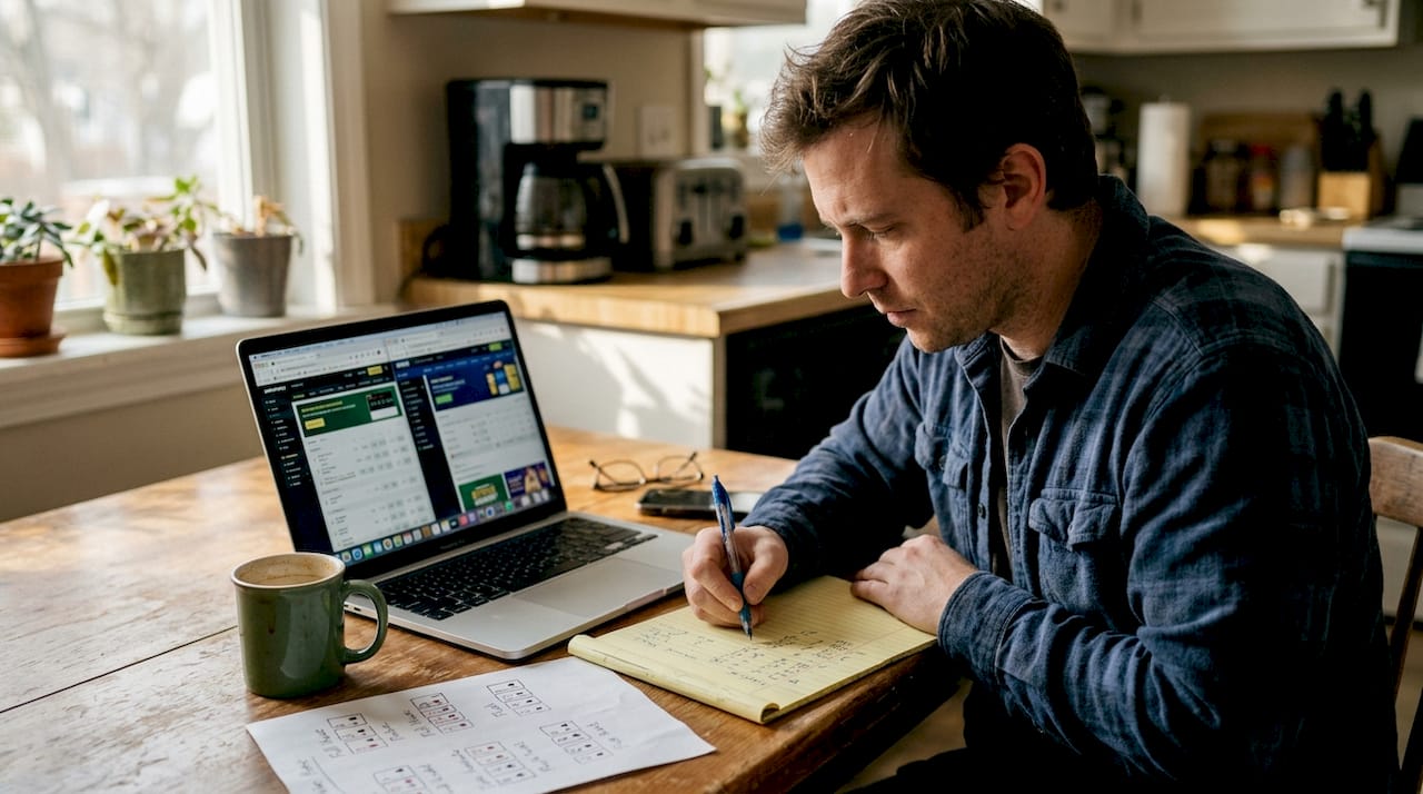 Man researching niche gambling sites at kitchen table