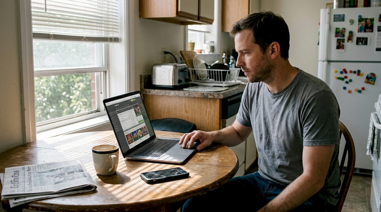 Man checks online gambling site at kitchen table