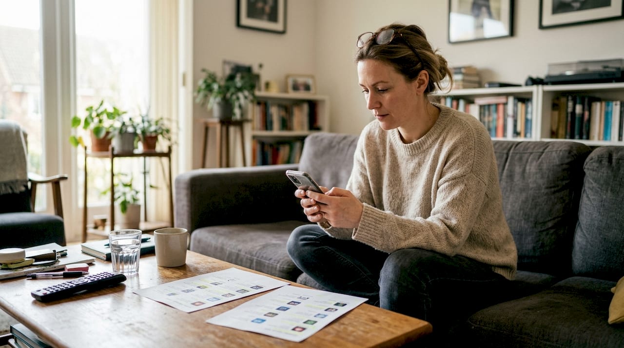 Woman comparing poker app choices at home