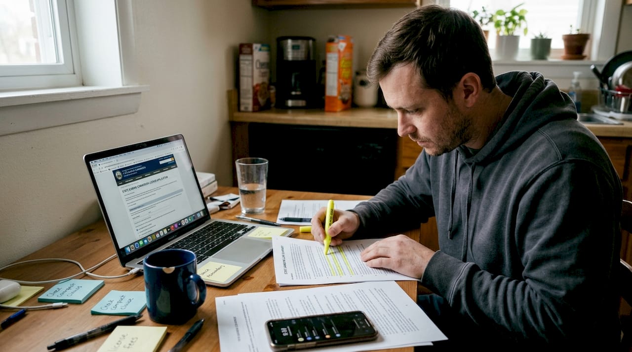 Man researching US gambling rules at kitchen table