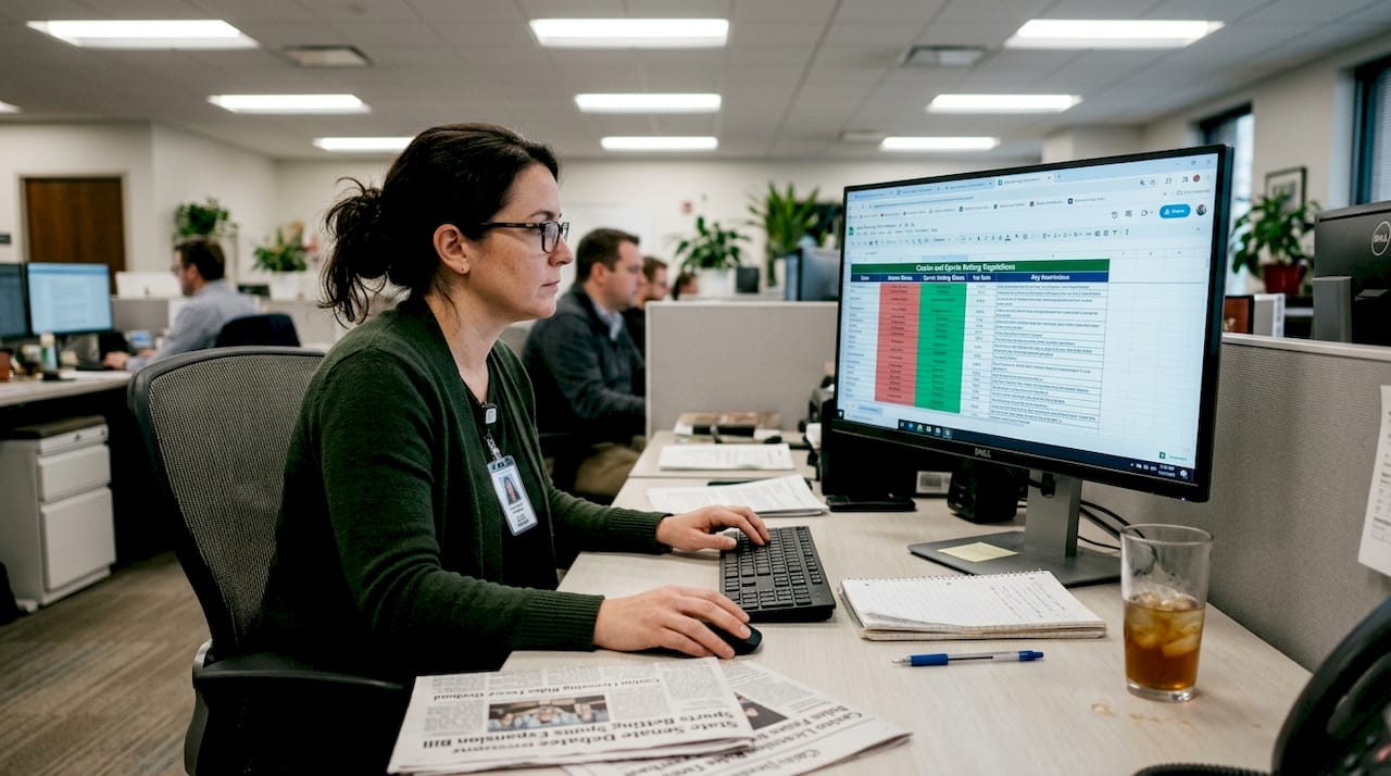 Woman comparing US online betting rules spreadsheet