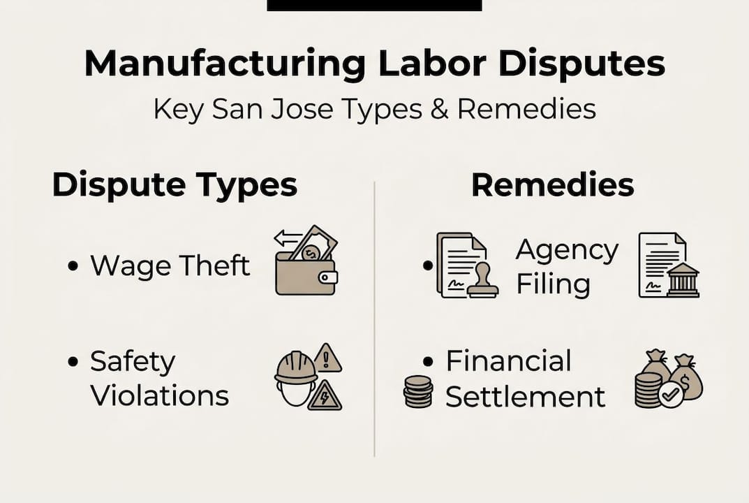 Infographic summarizes labor dispute types and remedies