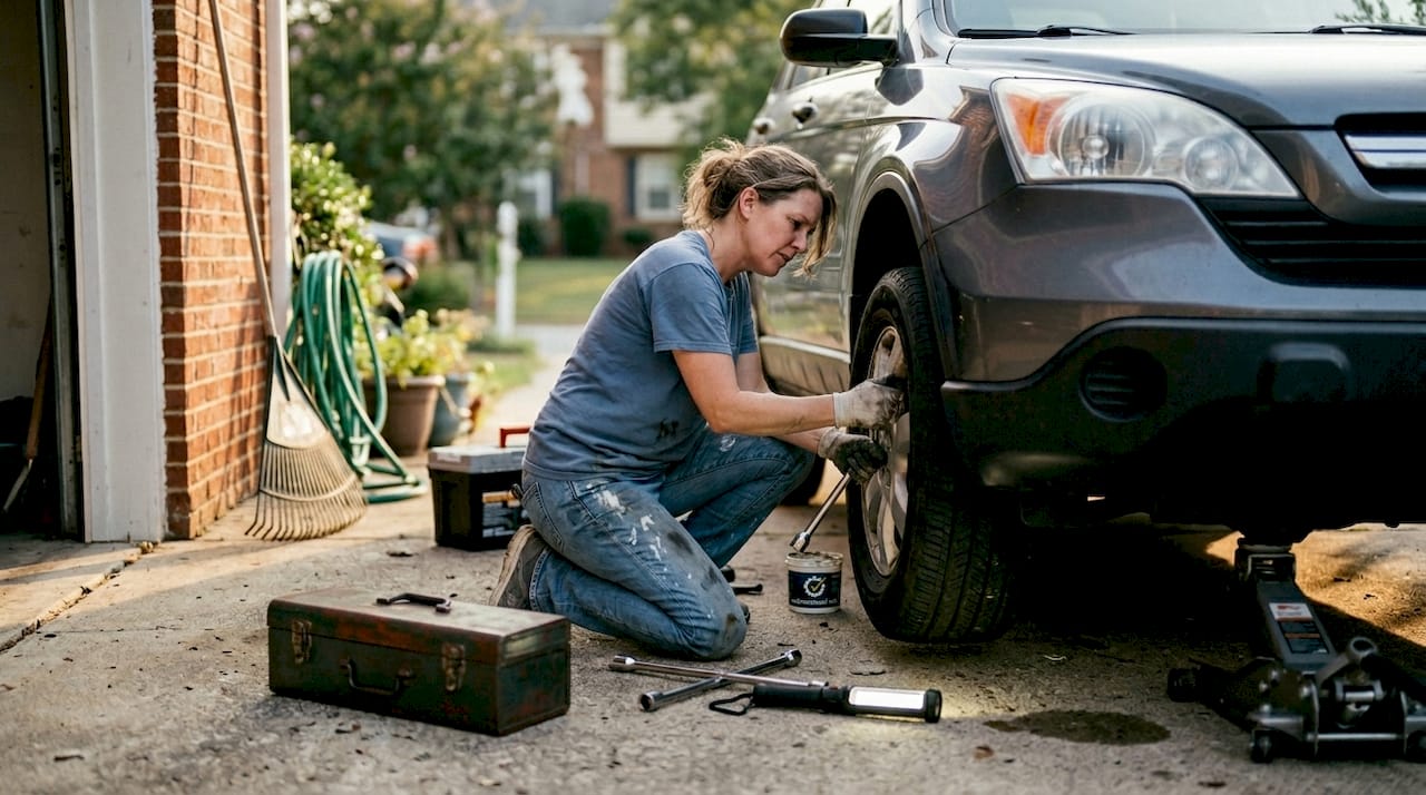 Car owner listening for brake problems driveway
