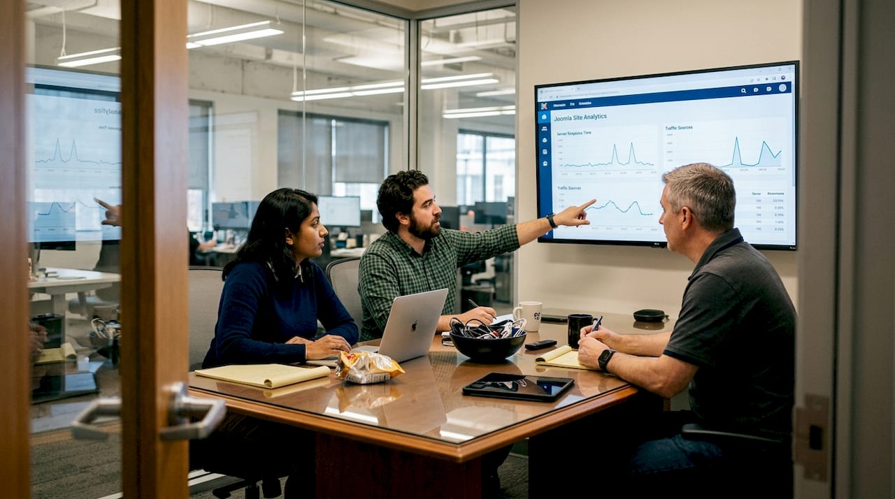 IT team reviewing Joomla performance metrics