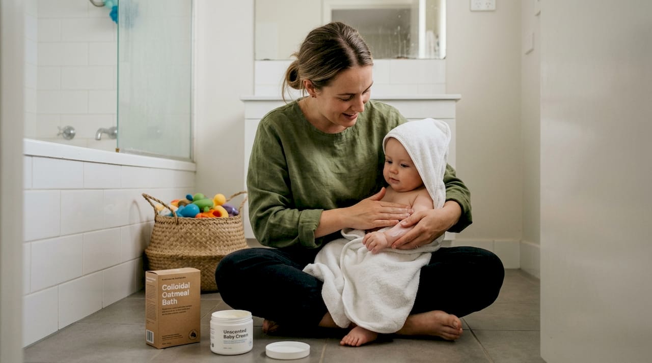 Mother applies gentle lotion to baby's skin