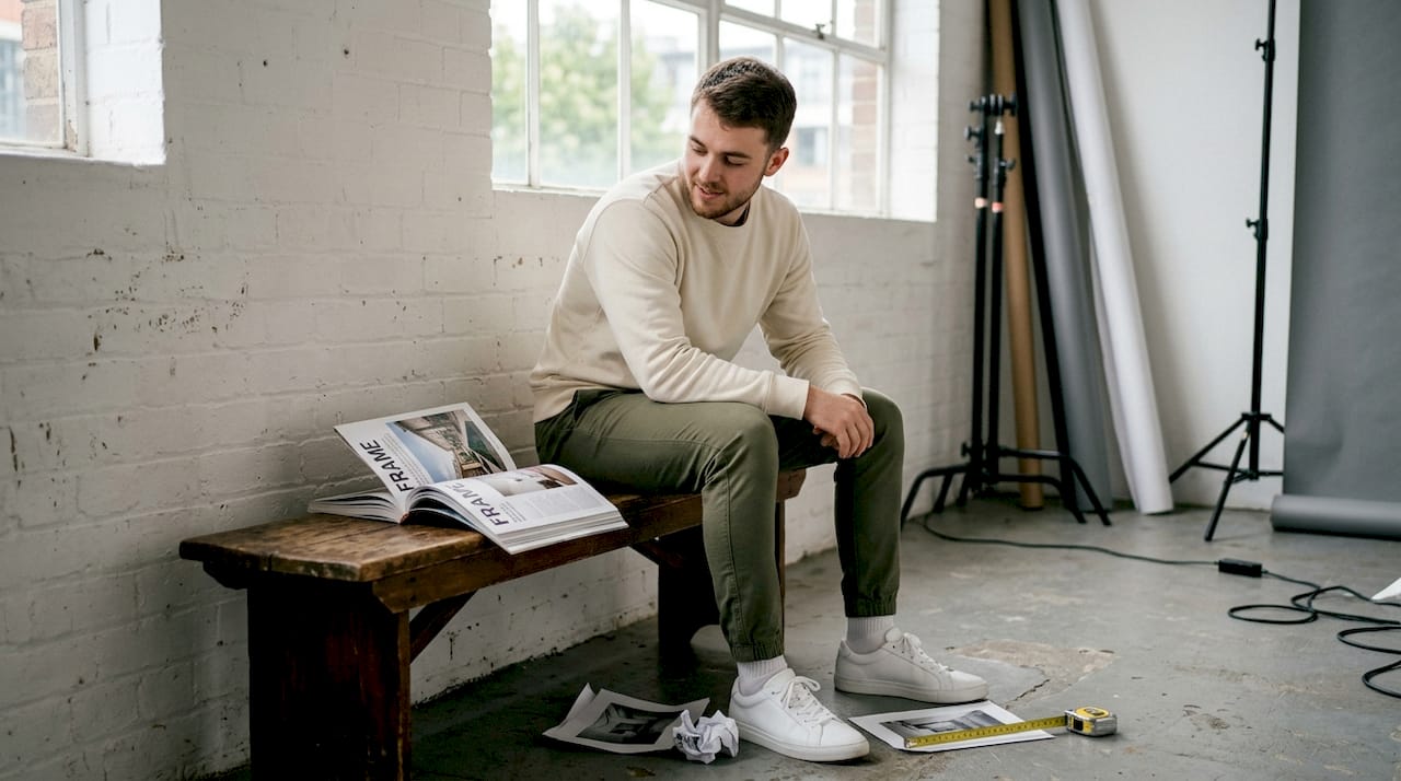 Man in minimalist streetwear on studio bench