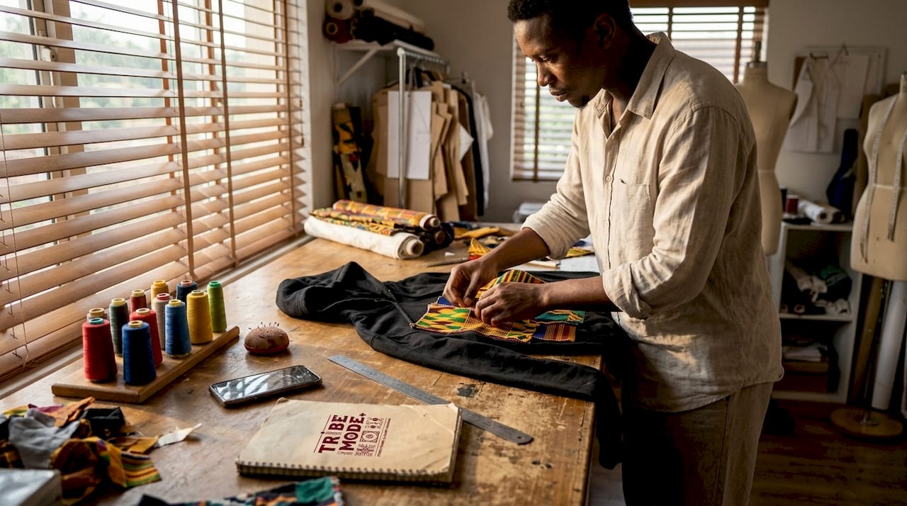 Designer blending heritage textiles in studio