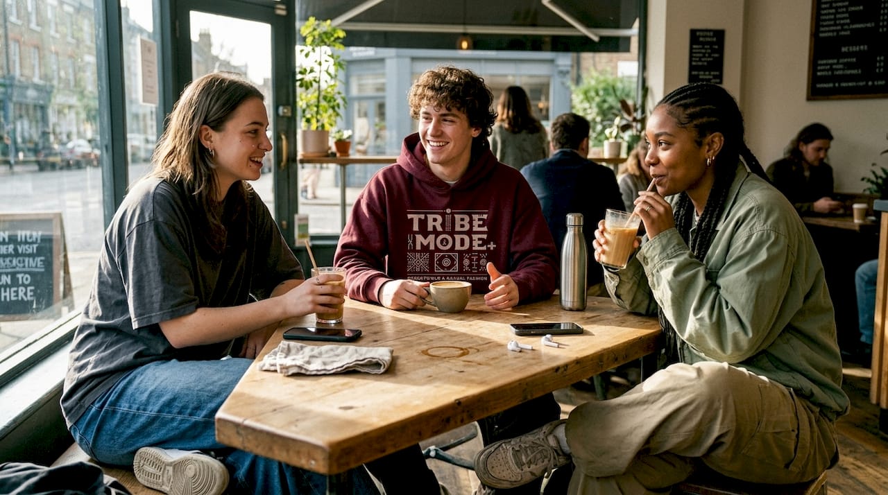 Group discussing oversized streetwear styles in café