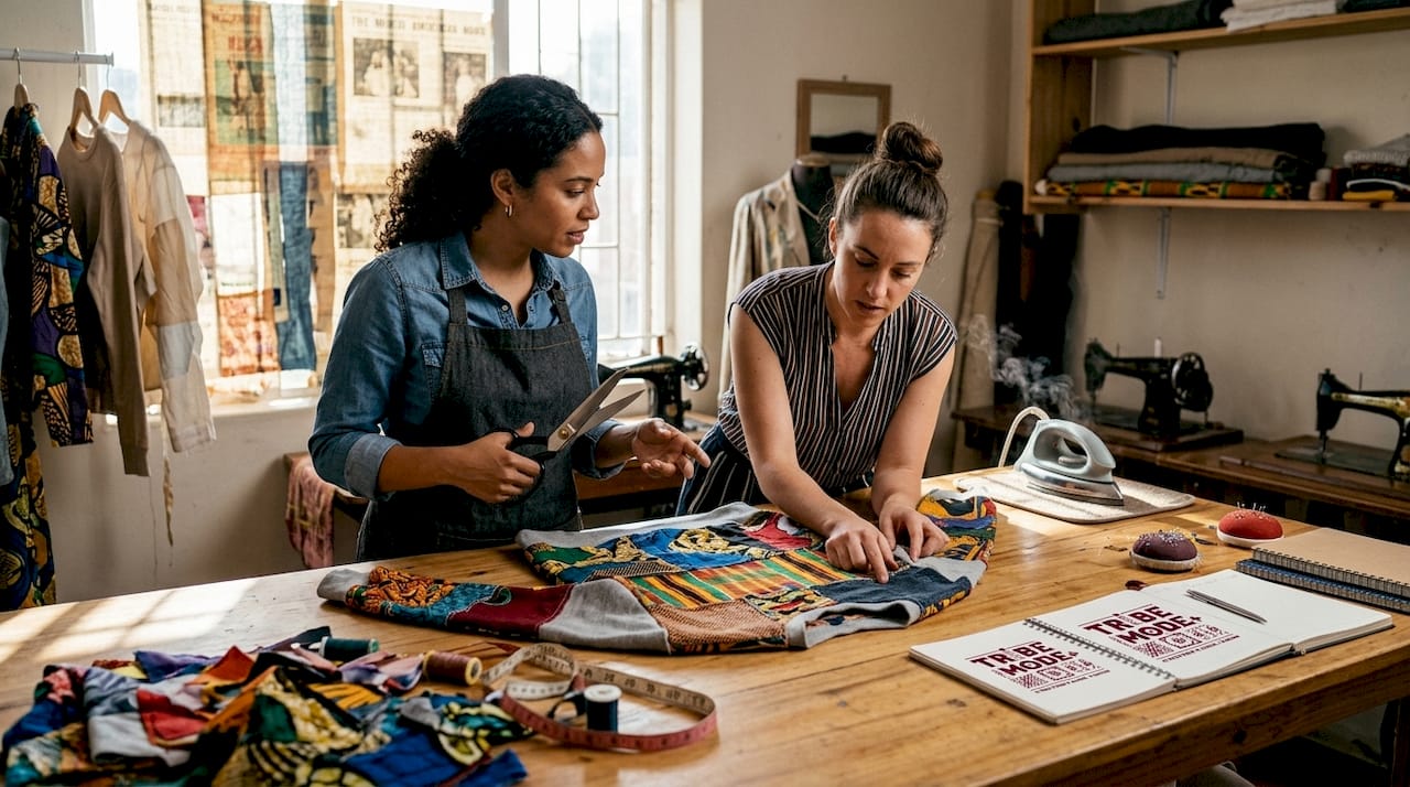 Designers crafting upcycled African fabric sweatshirt