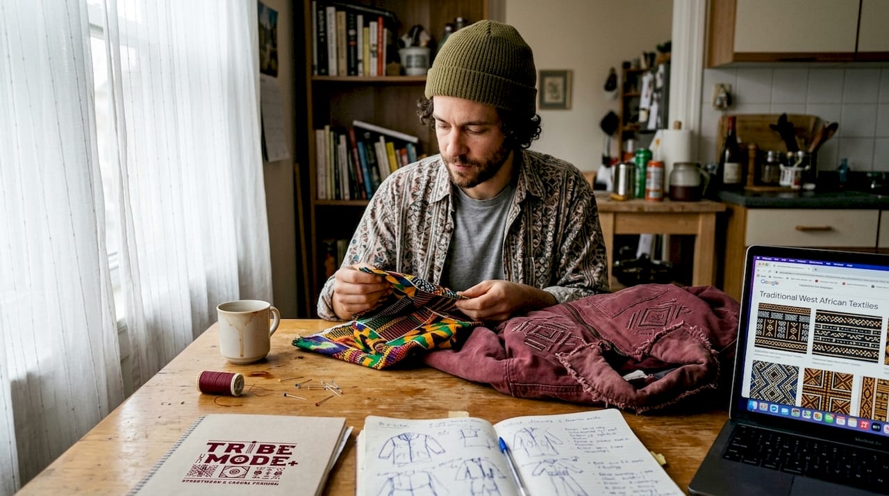 Designer studying heritage fabric for jacket