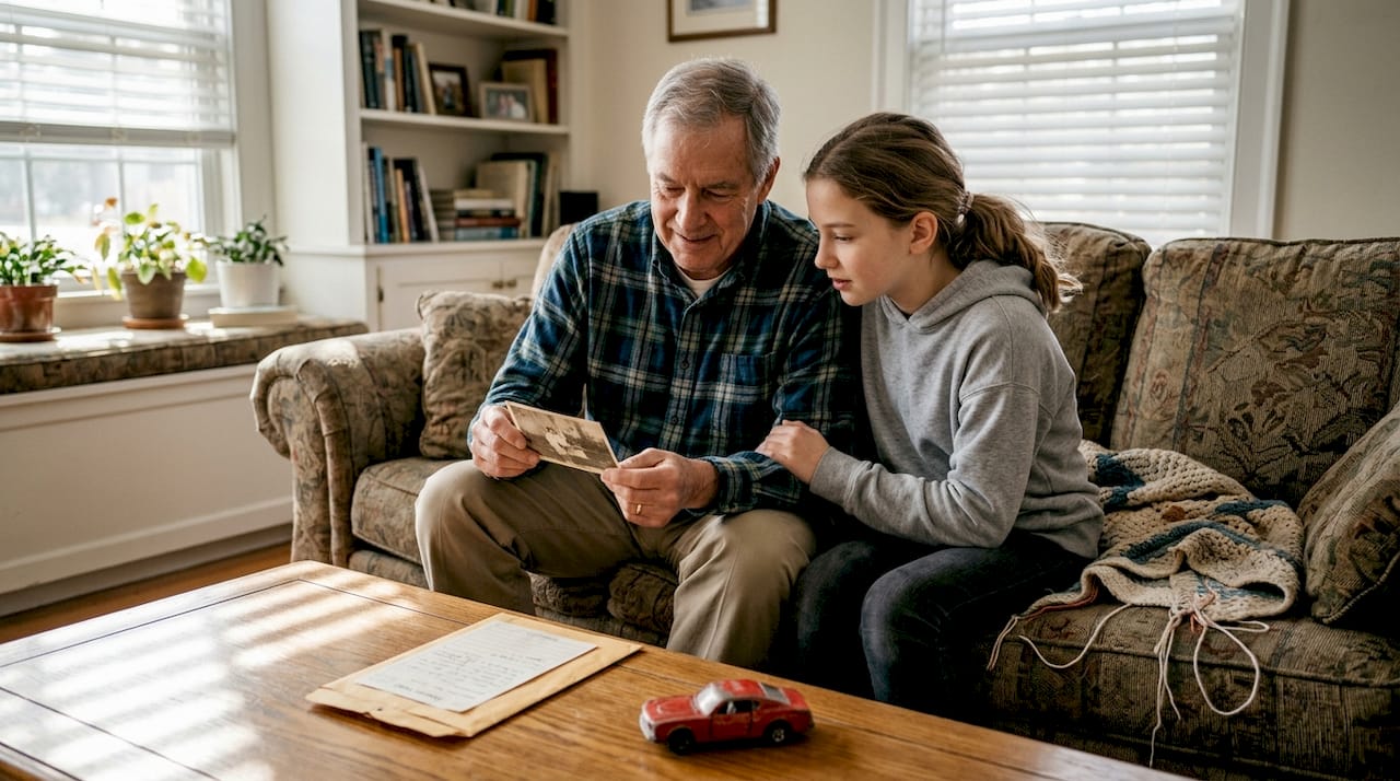 Grandparent sharing memories with family objects