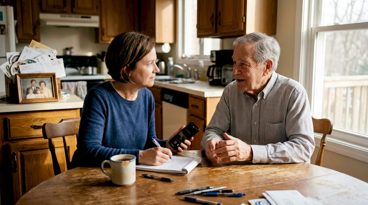 Family recording childhood memories at kitchen table