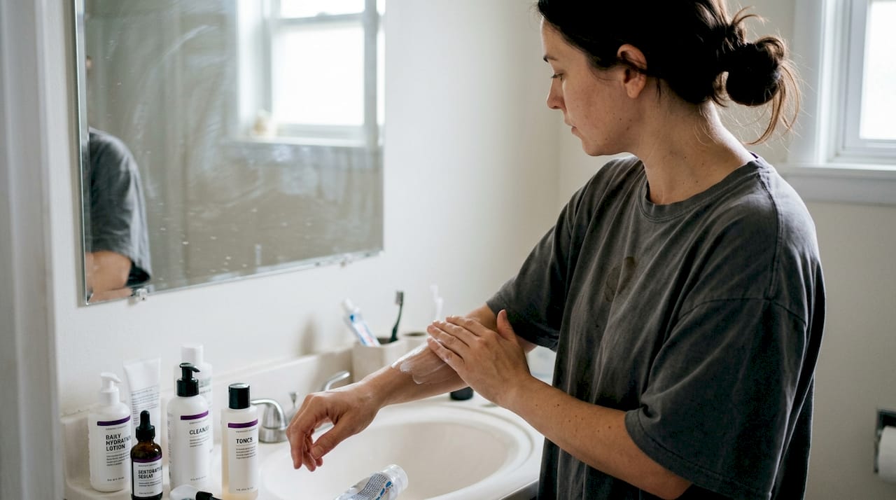 Woman applying moisturizer in realistic bathroom setting