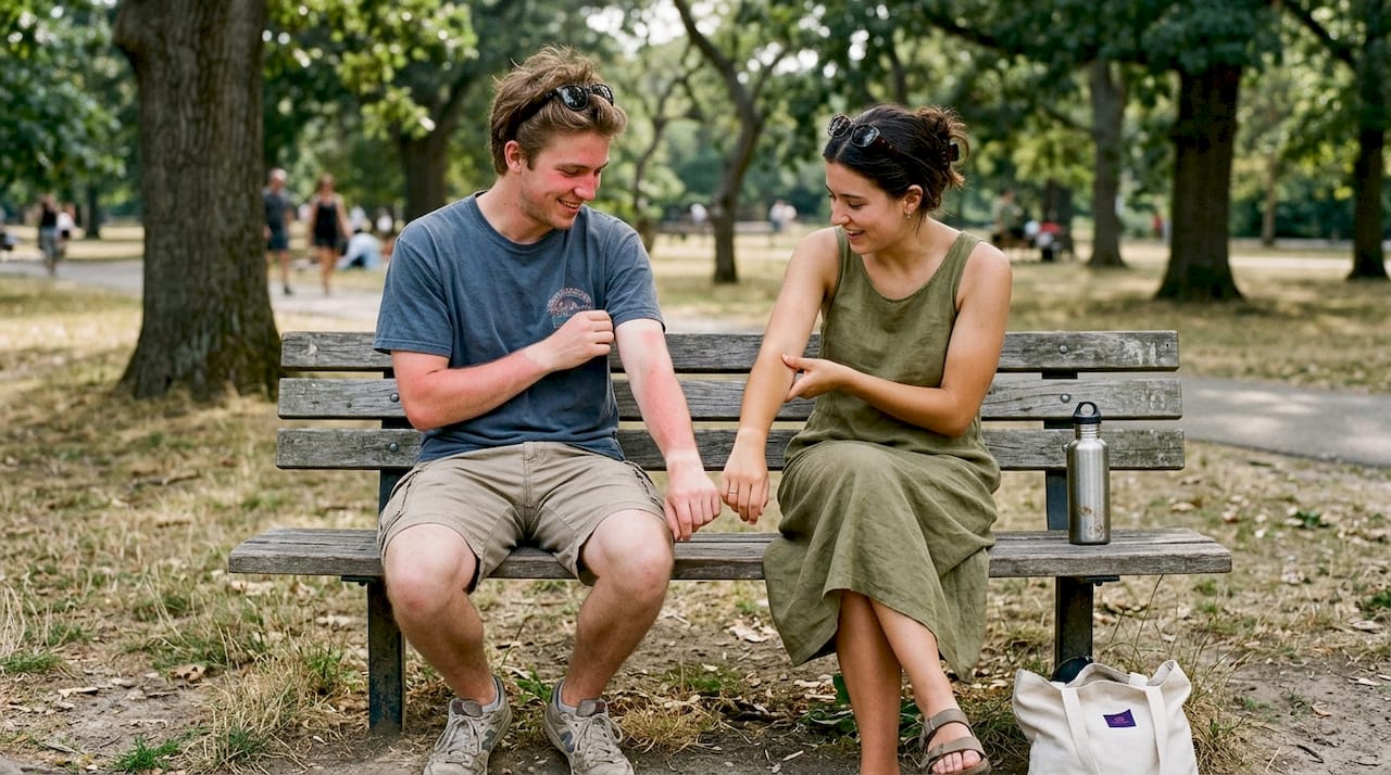 Two people comparing sunless and UV tans in park