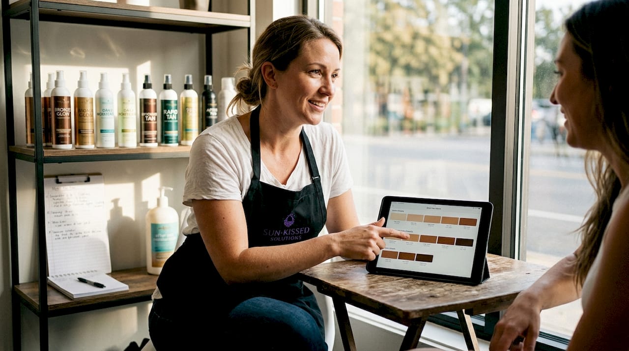 Spray tan expert consulting with client