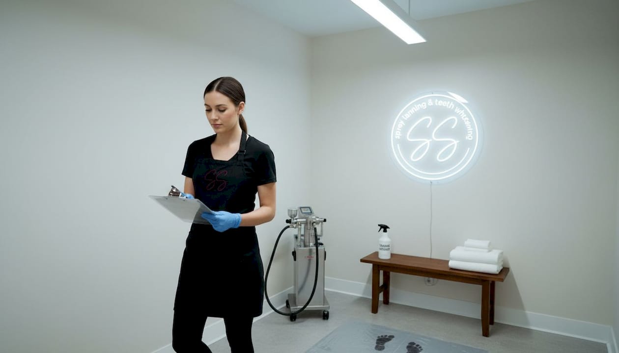 Spray tan technician in Columbus salon booth