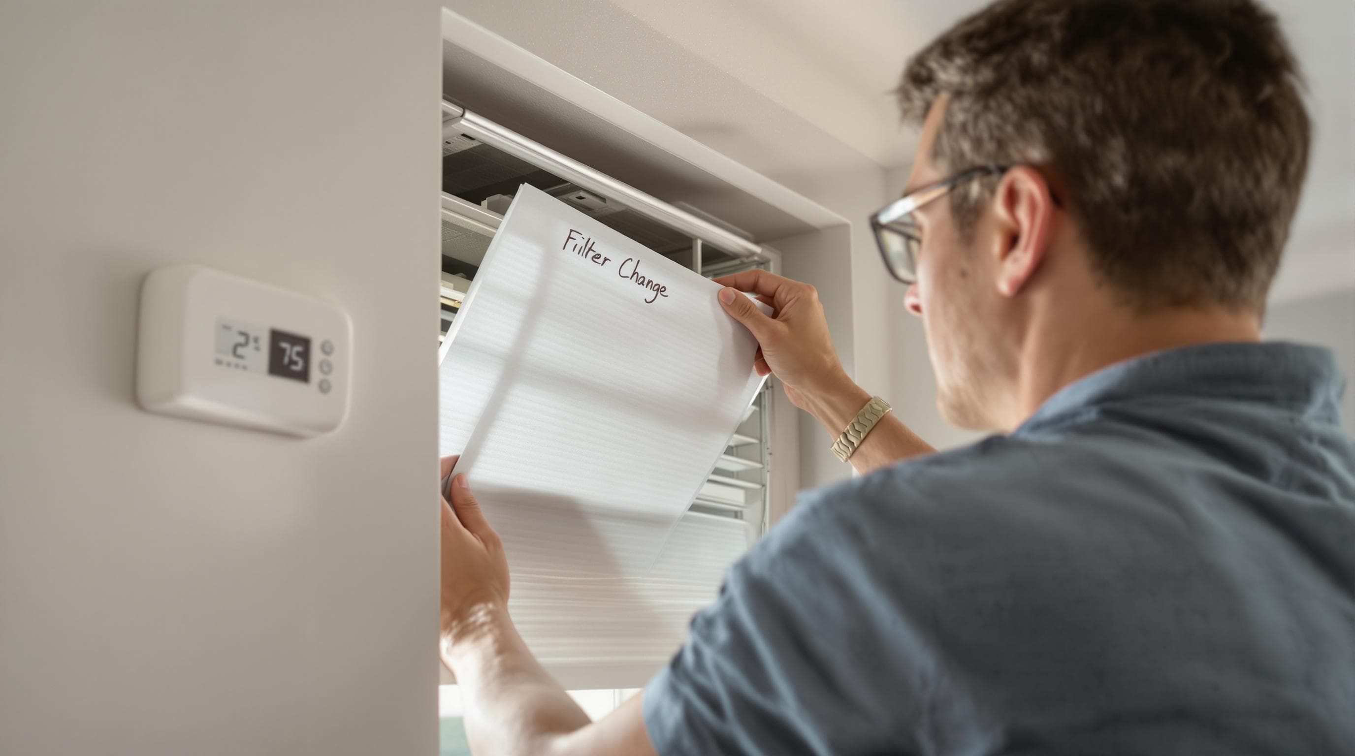 Homeowner replacing AC filter with 'Filter Change' sign nearby
