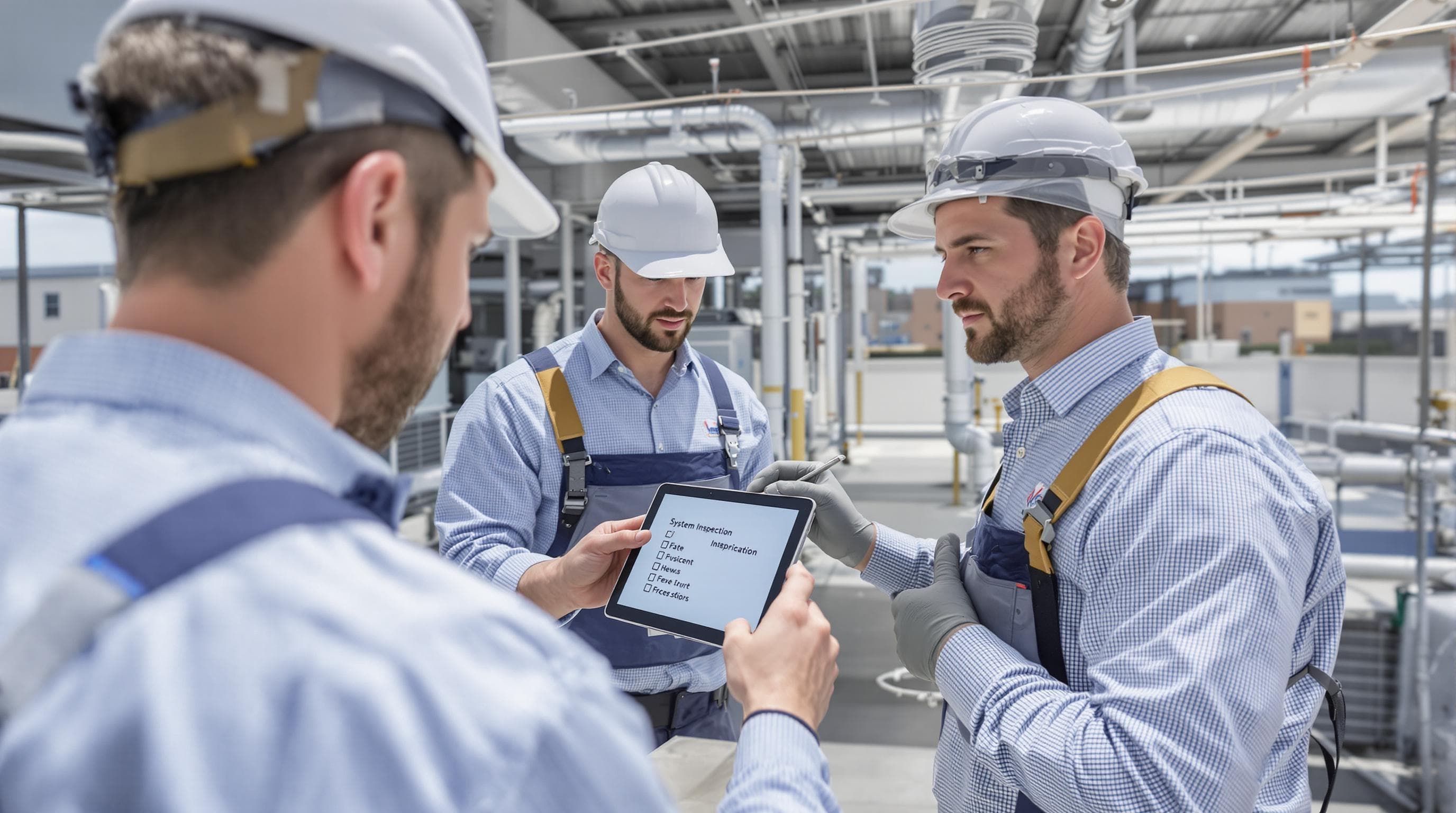 Team of HVAC technicians completing maintenance checklist on rooftop commercial unit