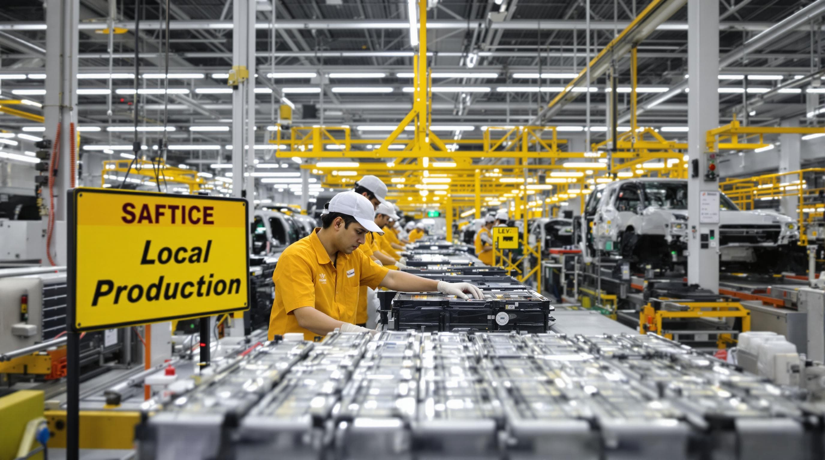 Indian workers assemble electric vehicle batteries on factory line, emphasizing local production benefits