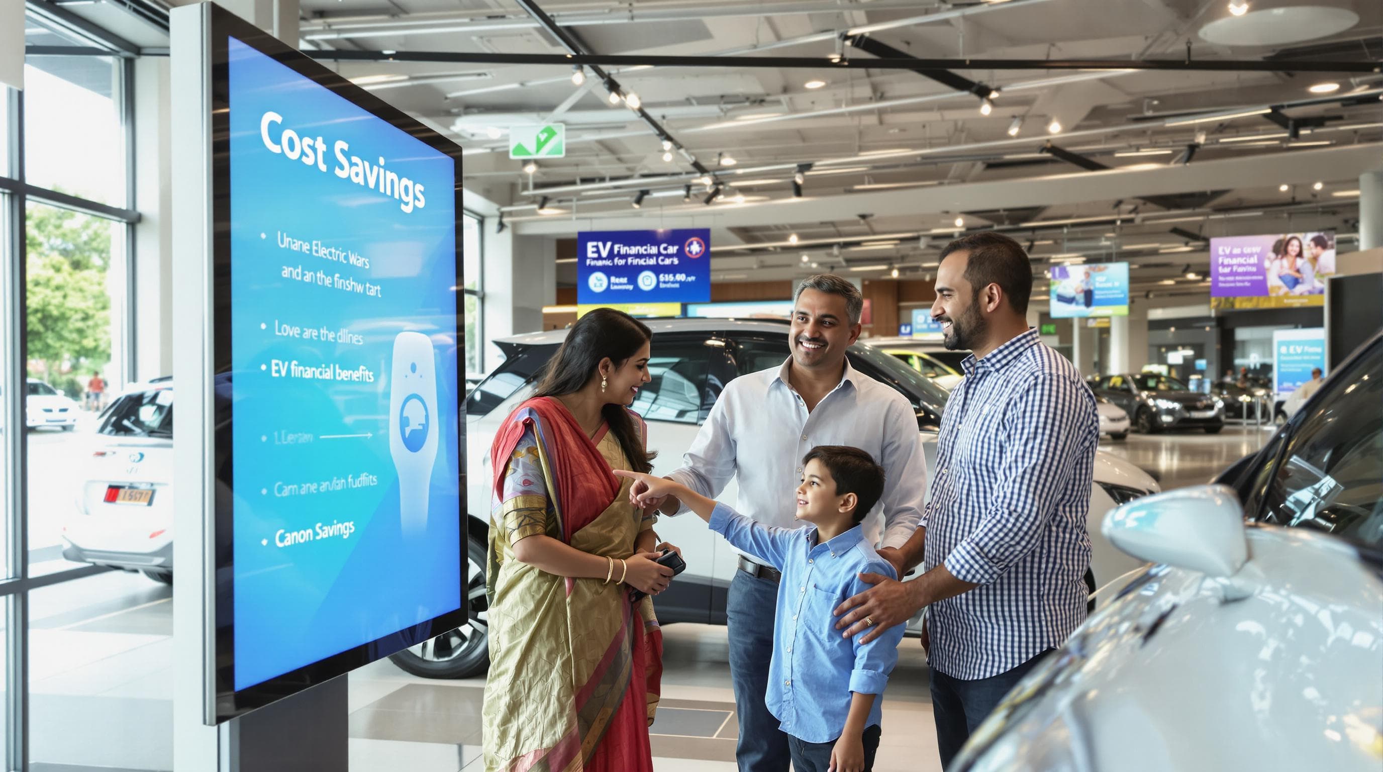Indian family discussing electric car options with dealer in modern showroom, price board highlighting savings