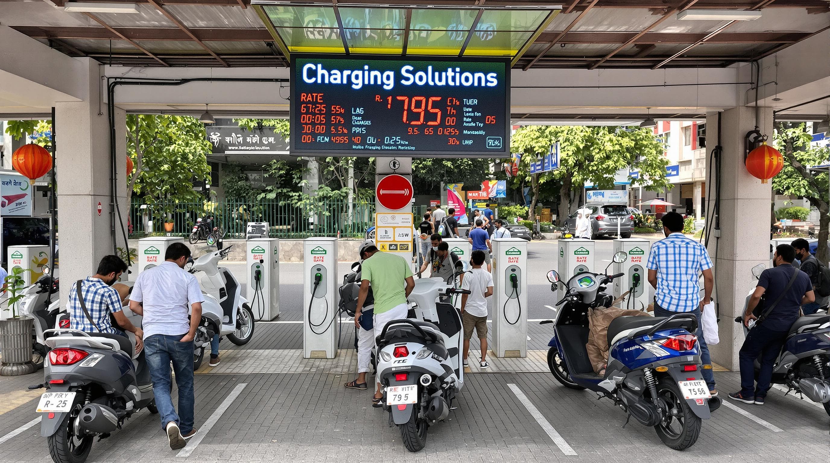 Indian urbanites charging electric vehicles at a public station