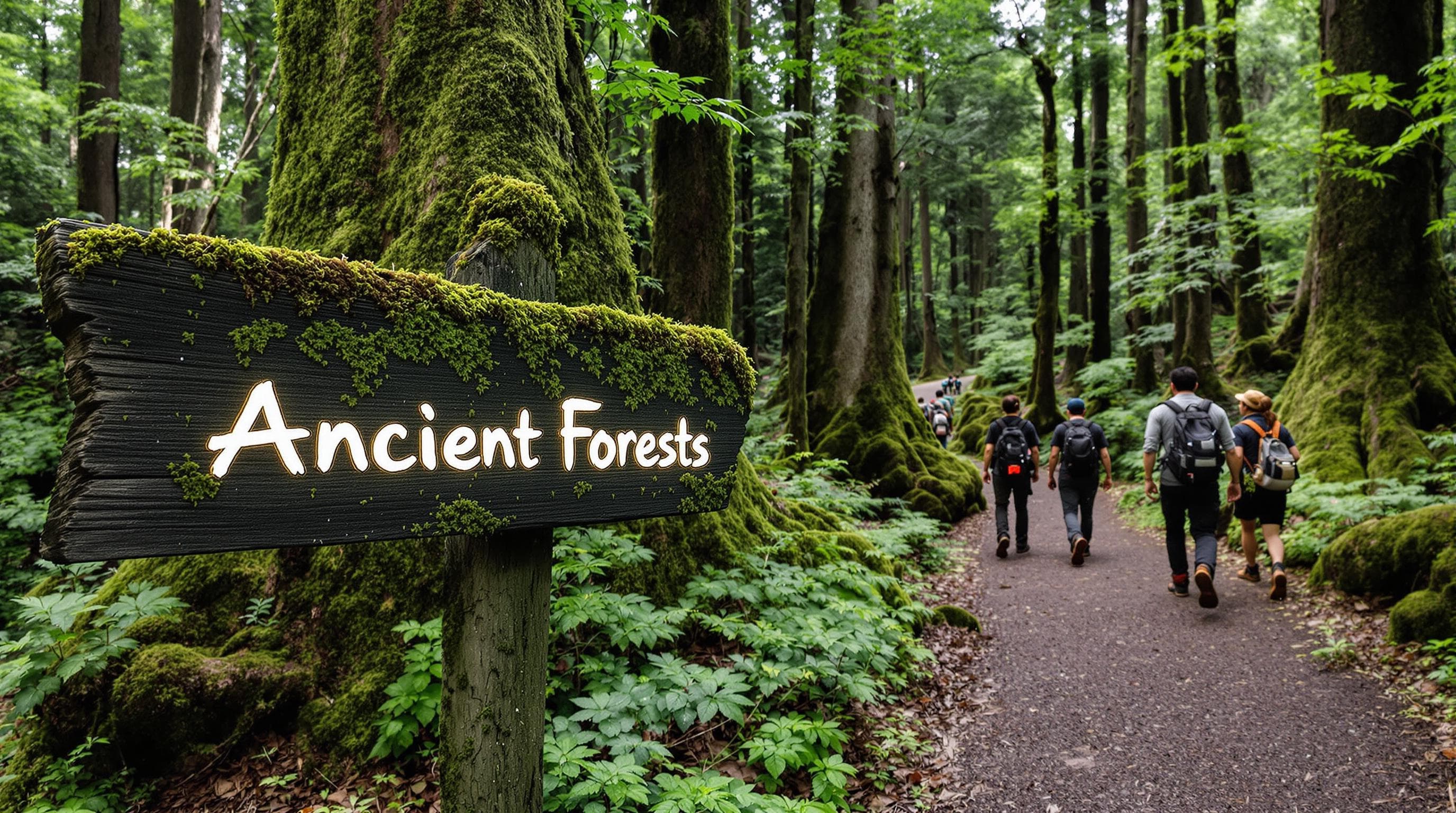Travelers exploring ancient cedar forests with mossy signage in Yakushima