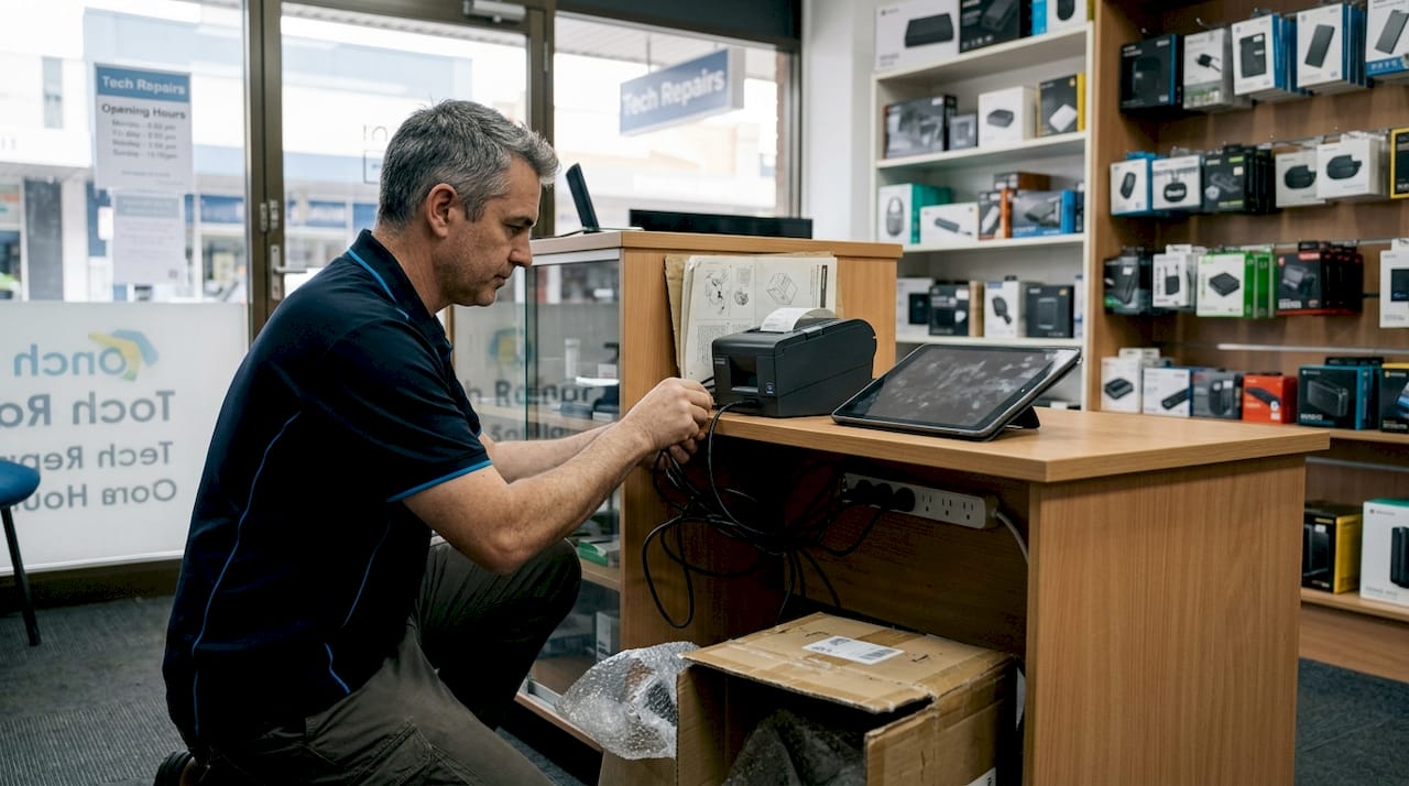 Technician connecting POS hardware in store setup