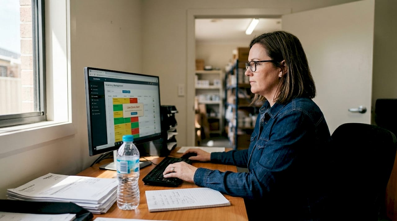 Shop manager reviewing POS inventory dashboard
