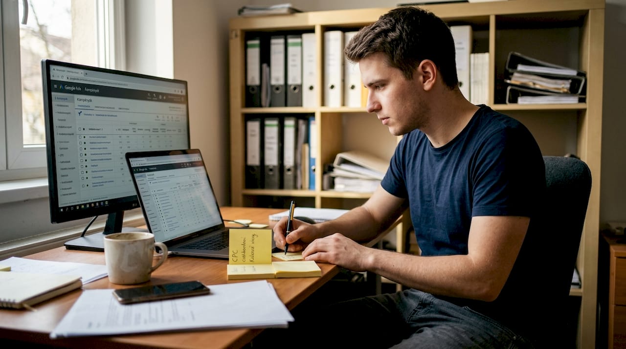 Egy férfi kézzel irányítja az Ads kampányokat.