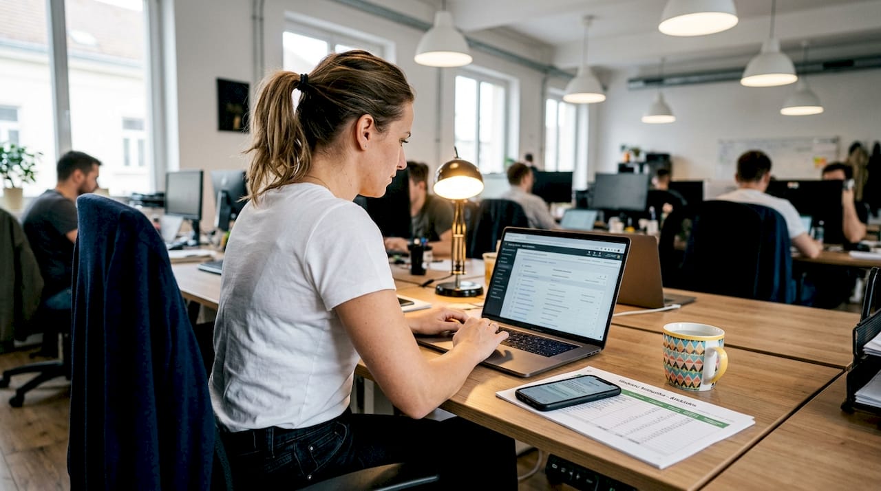 Egy marketinges éppen a laptopján követi, hogyan teljesít a dinamikus remarketing kampánya.