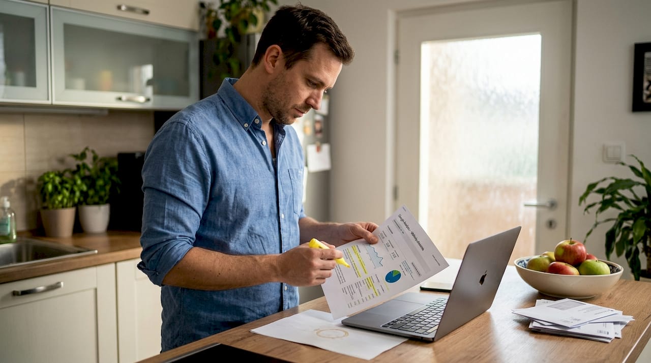 Egy üzletember a konyhában ülve elemzési jelentését nézi át, és jegyzeteket készít.