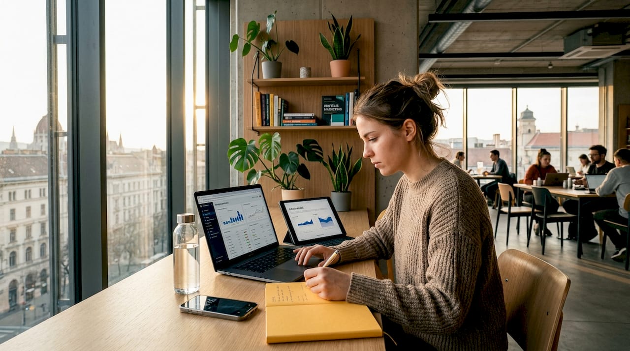 Egy fiatal nő digitális marketinggel foglalkozik egy közösségi irodában, egy laptop mellett.