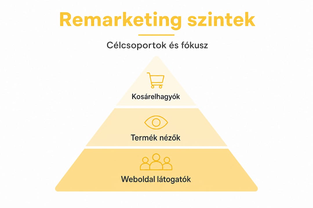 A remarketing közönségeket érdemes egy háromszintű piramisként elképzelni, ahol az érdeklődők különböző elköteleződési szintjei szerint csoportosíthatjuk őket.