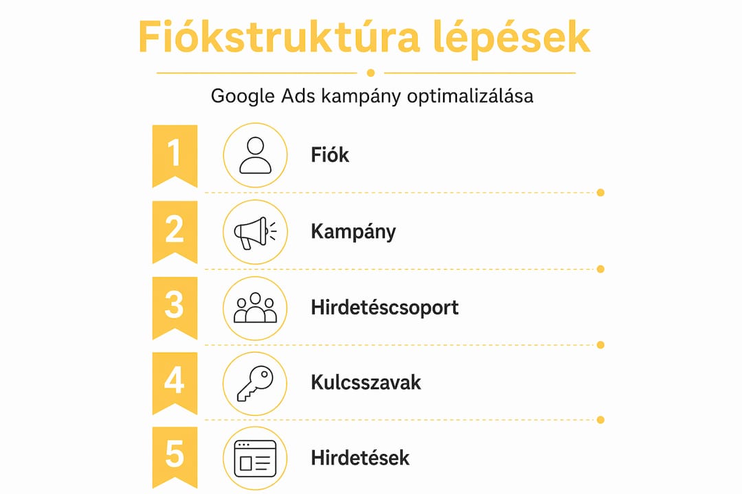 Infografika a Google Ads fiók felépítésének legfontosabb lépéseiről