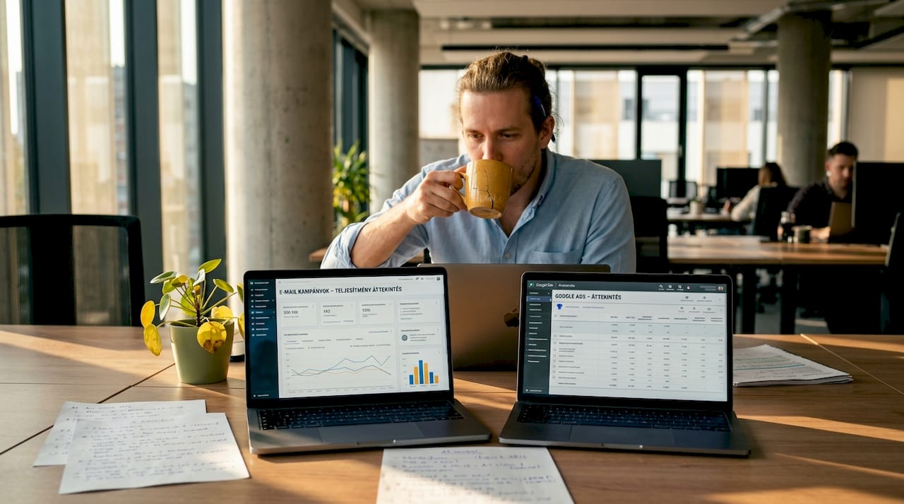 Egy férfi éppen összehasonlítja az e-mail és a Google Ads felületeit.