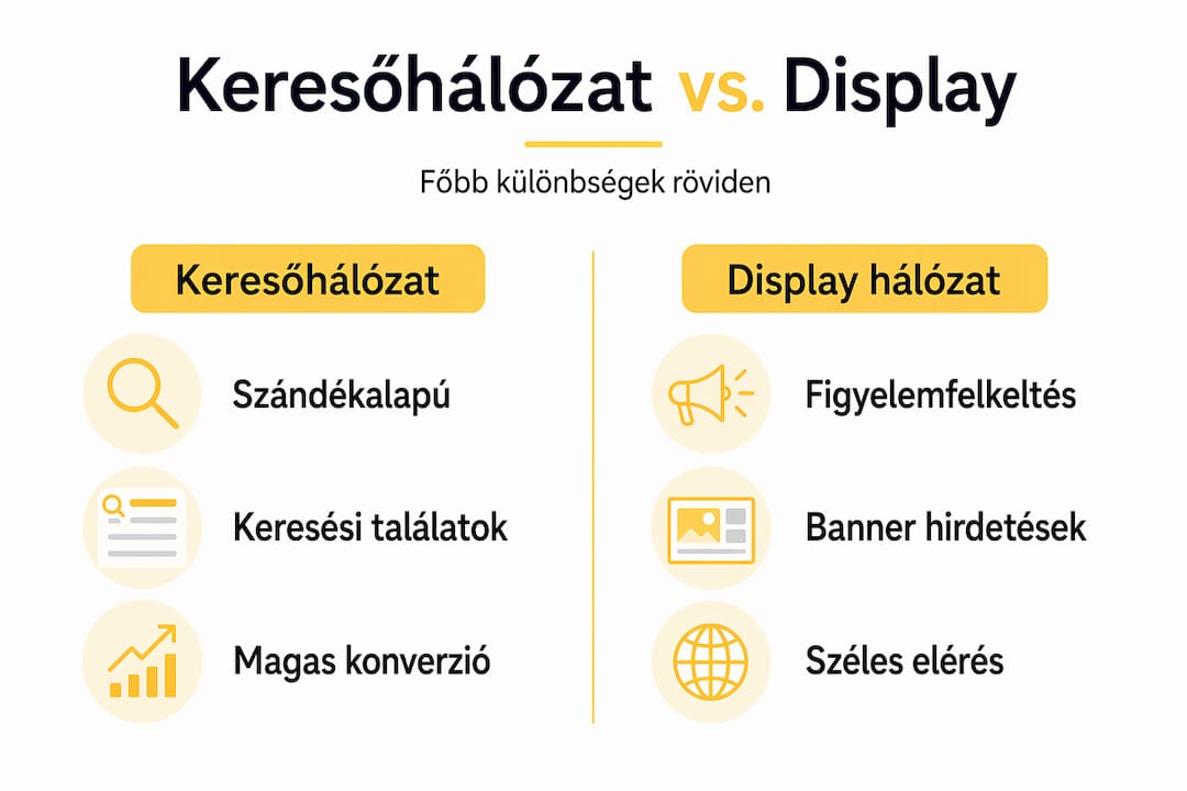Összefoglaló infografika a keresési és display hálózatok jellemzőinek összehasonlításáról