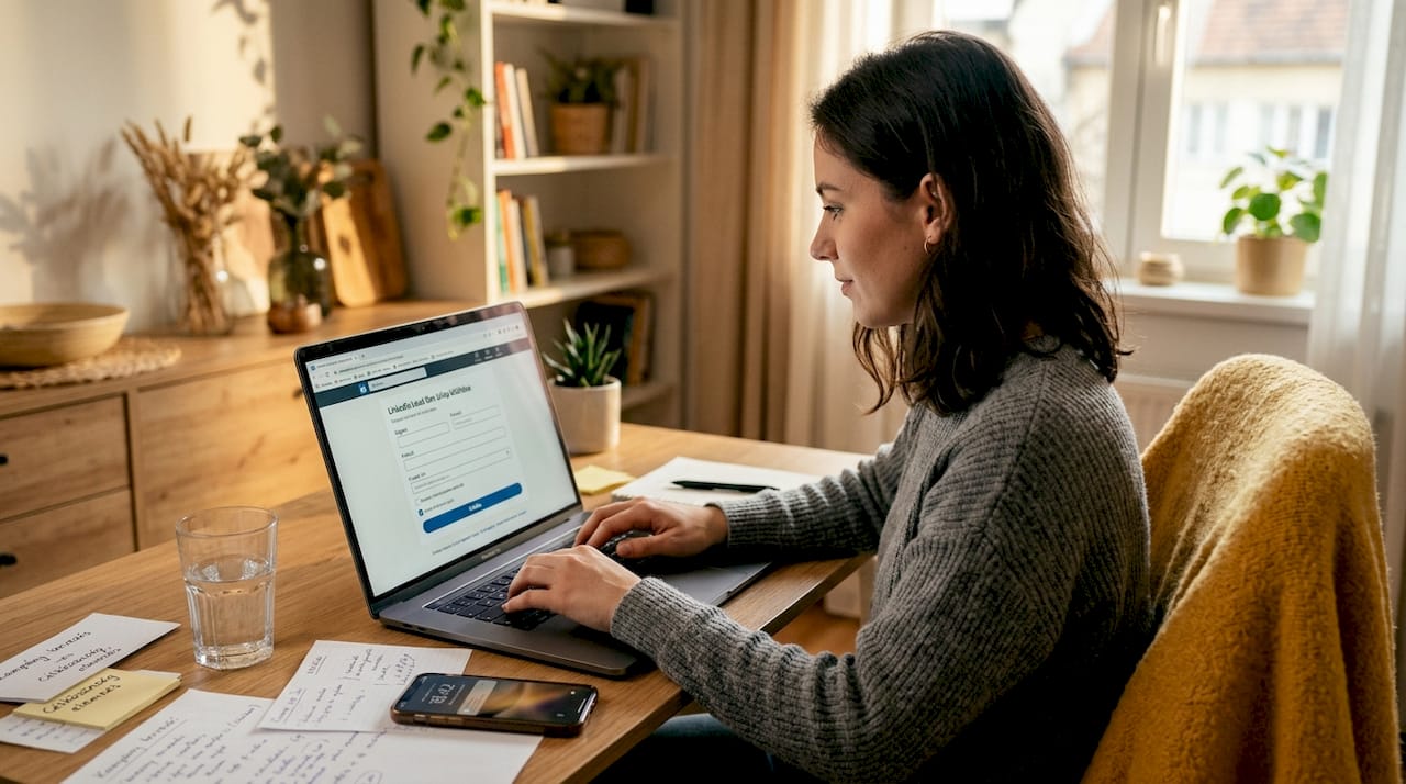 Egy marketing szakember, aki LinkedIn-es űrlapot használ az érdeklődők gyűjtésére.