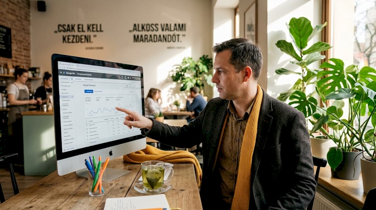 Egy férfi Google Ads fiókot elemzi az íróasztalánál ülve.