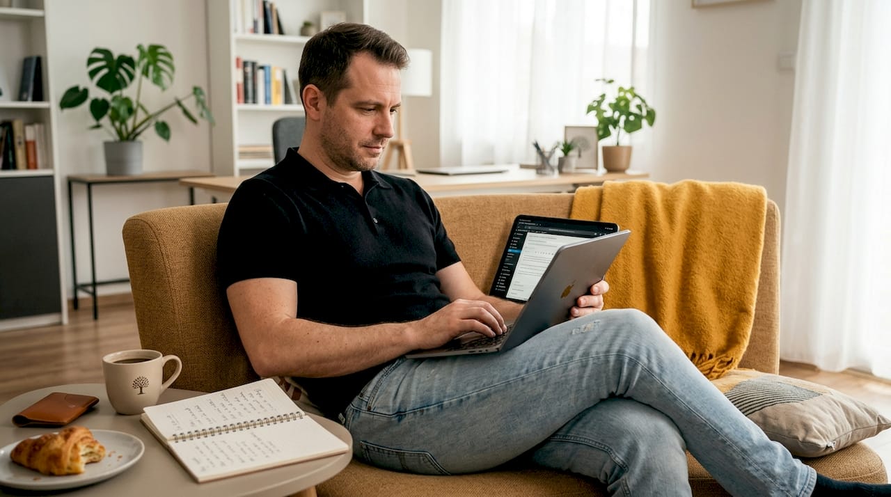 Egy férfi a nappaliban ülve írja a blogbejegyzését.
