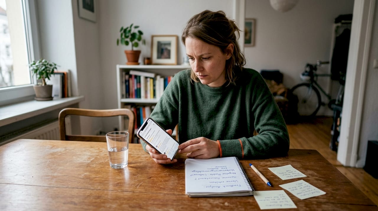 Eine Frau sitzt gemütlich am Wohnzimmertisch und liest Bewertungen über verschiedene Unternehmen.