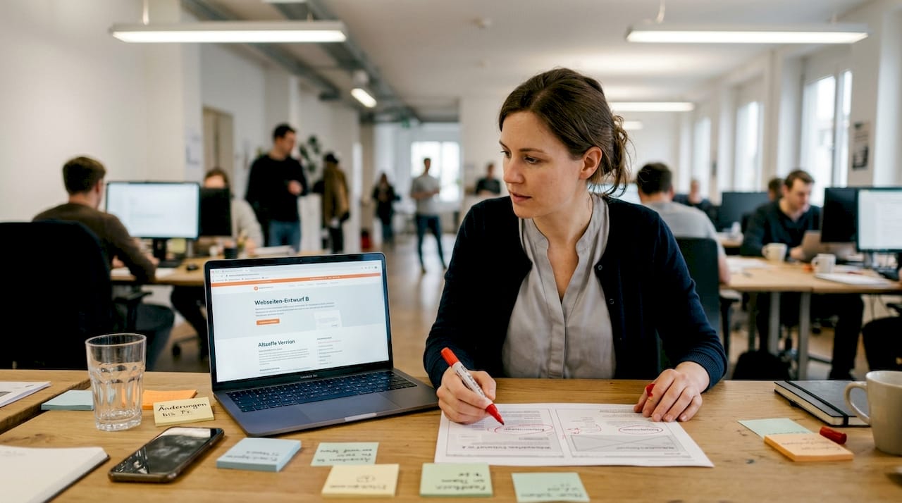 Ein Büroangestellter vergleicht verschiedene Versionen einer Webseite.