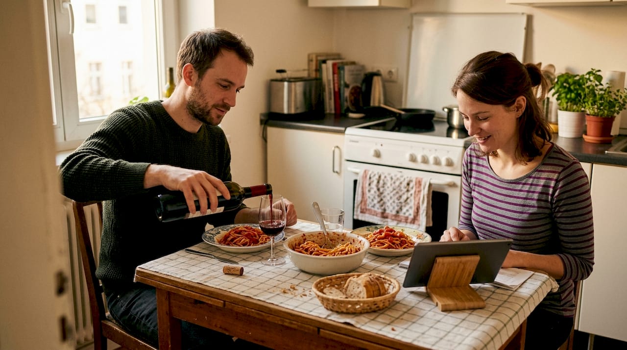 Couple sharing casual dinner and wine