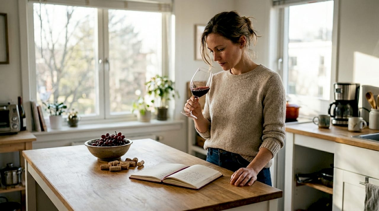 Woman tasting wine in sunny kitchen