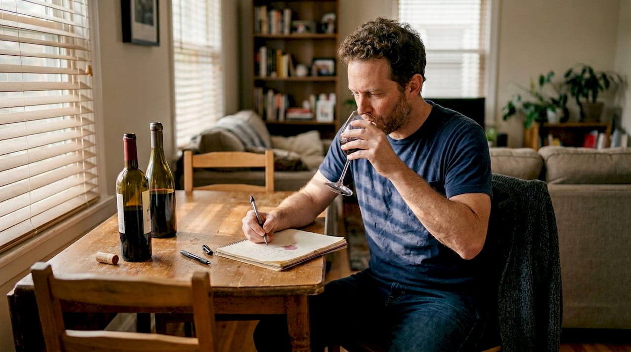 Man writing notes during wine tasting