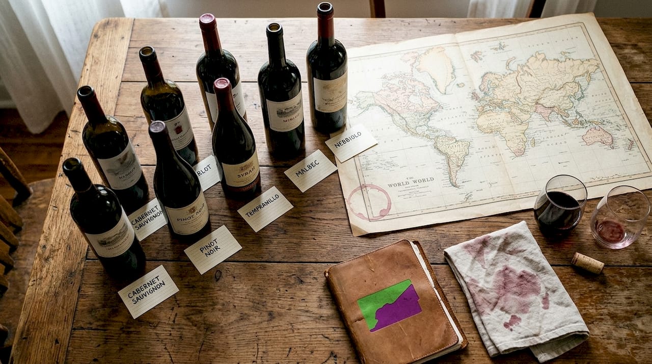 Seven red wine bottles on world map table