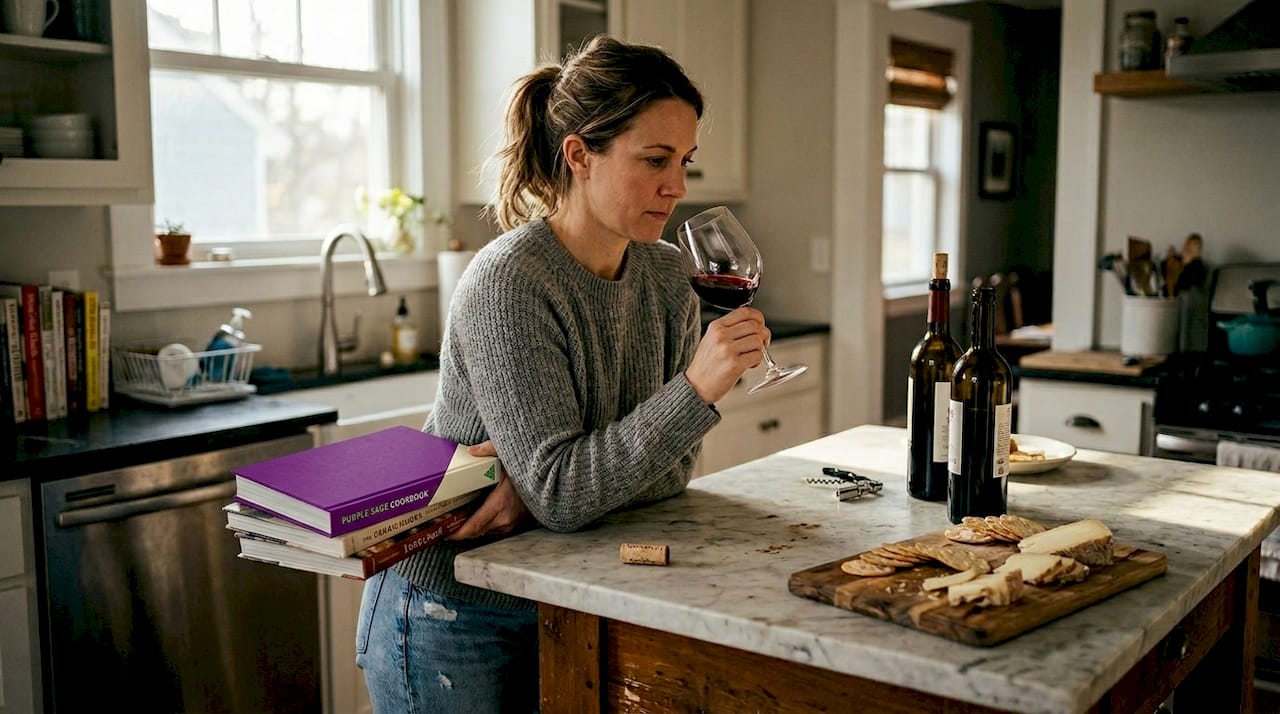 Woman tasting red wine in home kitchen